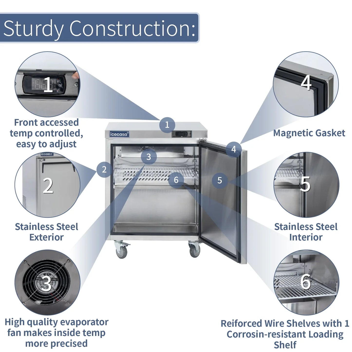 ICECASA 27" Stainless Steel Commercial Undercounter Fridge