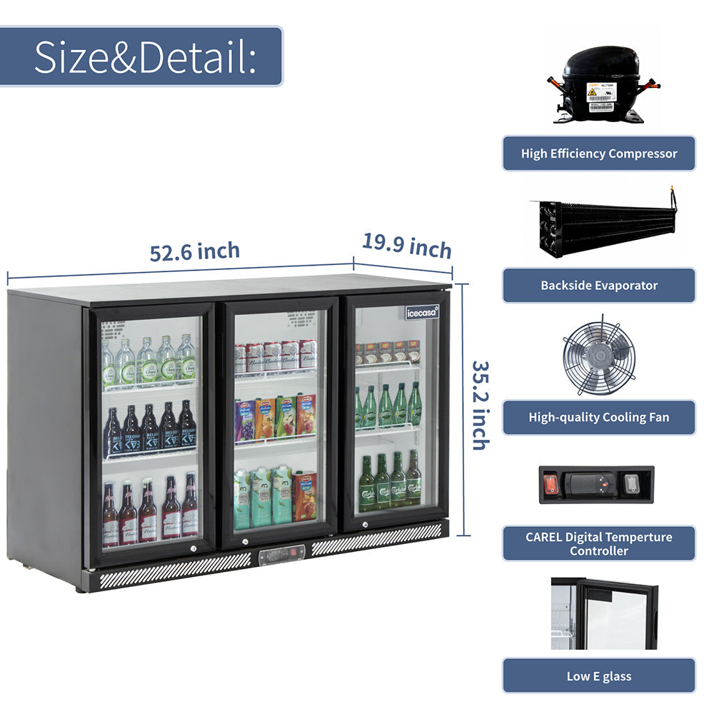 ICECASA Undercounter Beverage Cooler Fridge, 3 Glass Door Back Bar Fridge 52.6" Commericial Wine Cooler