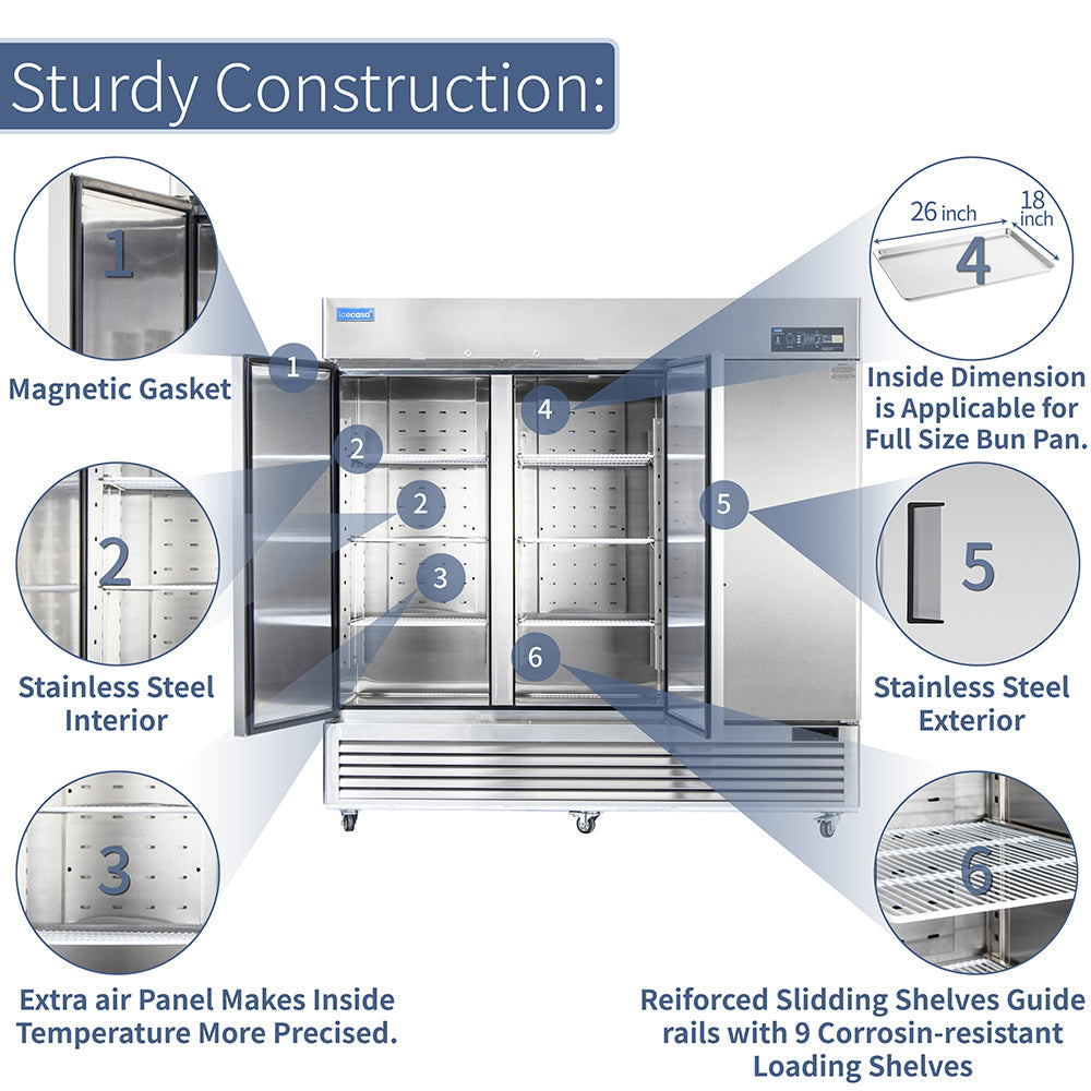 ICECASA 82" Freezer For Commercial, Industrial 3 Door Reach-In Commercial Stand Up Freezer