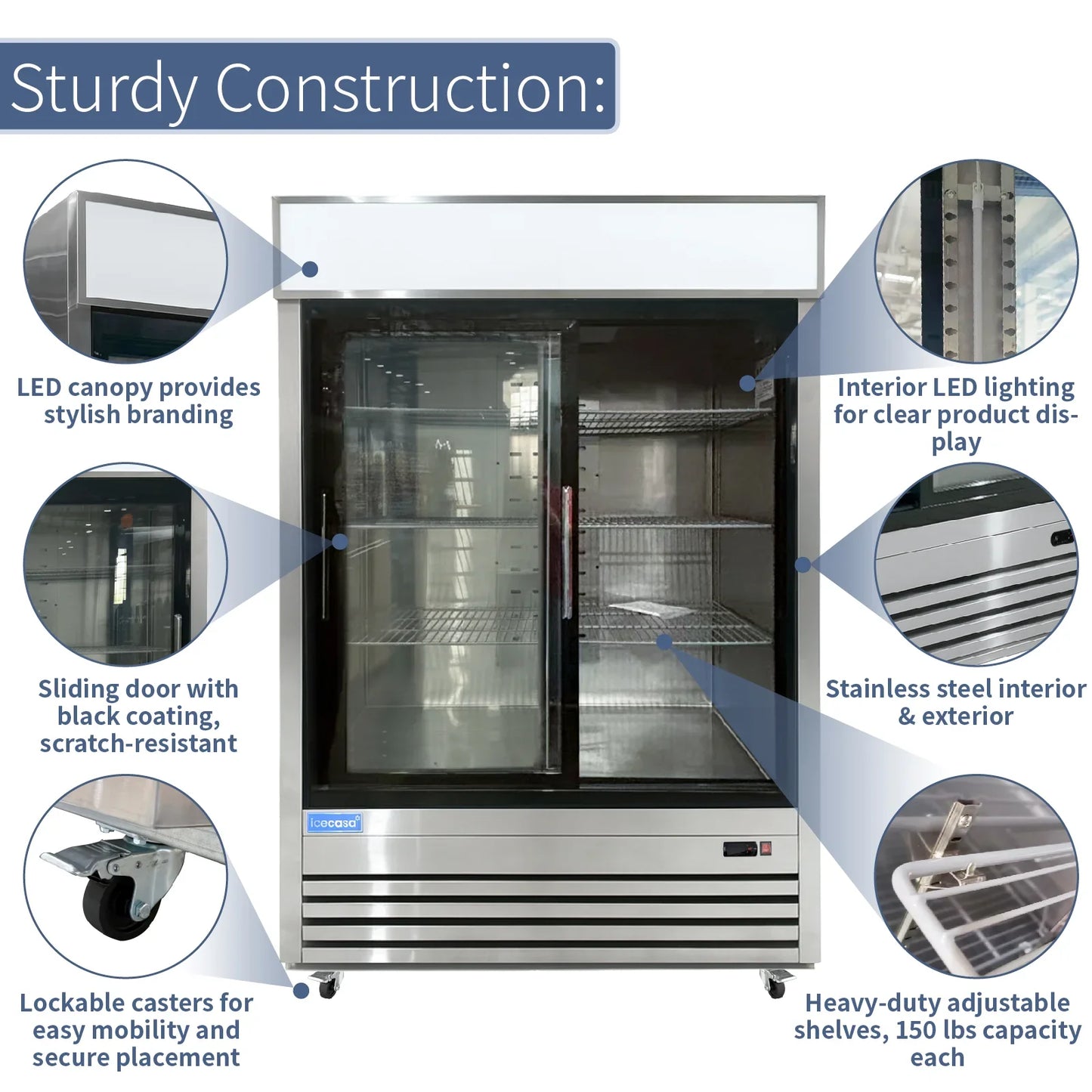ICECASA 54-Inch Commercial Sliding Glass Door Display Refrigerator - Double Door Reach-in Merchandiser