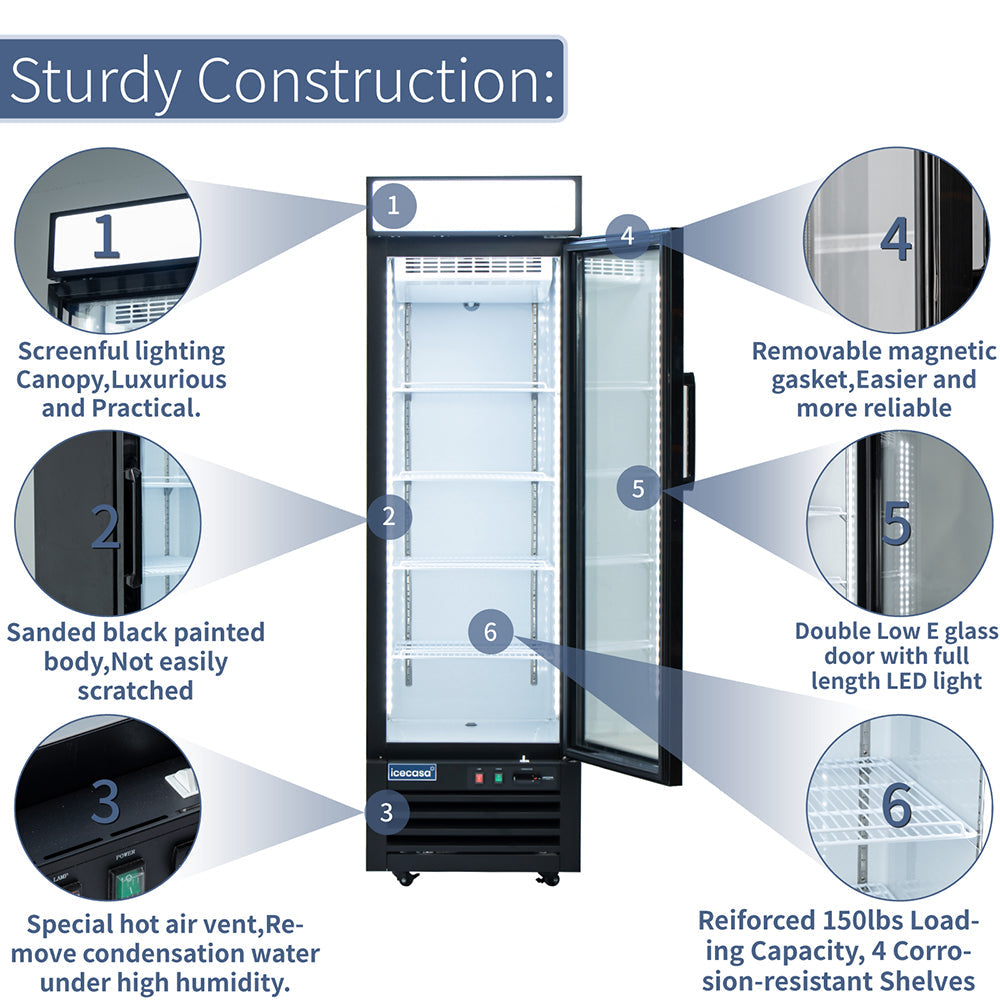 ICECASA 24" 1 Door Commercial Beverage Cooler, Single Glass Door Commercial Drink Refrigerator