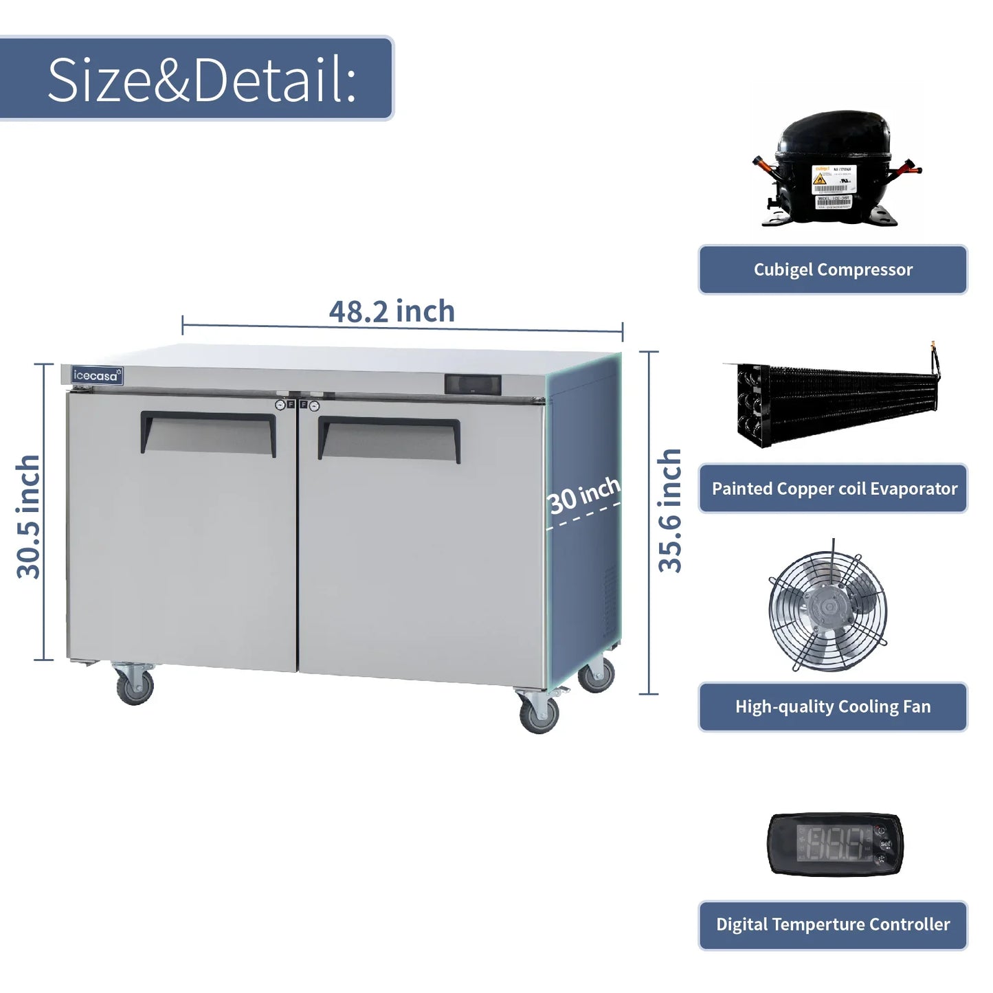 Commercial Undercounter Freezer, ICECASA 48 Inch 2 Door Under Counter Lowboy Worktop Freezer