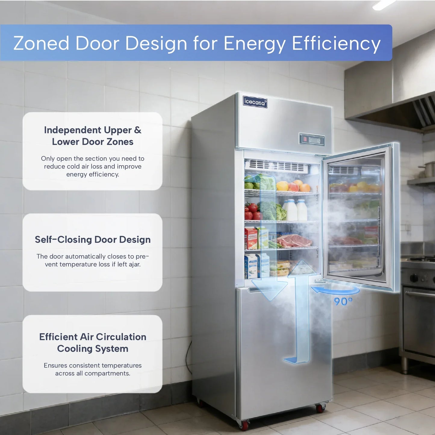 ICECASA 24 Inch Commercial Reach-In Refrigerator, 2 Split Doors, Stainless Steel Upright Cooler
