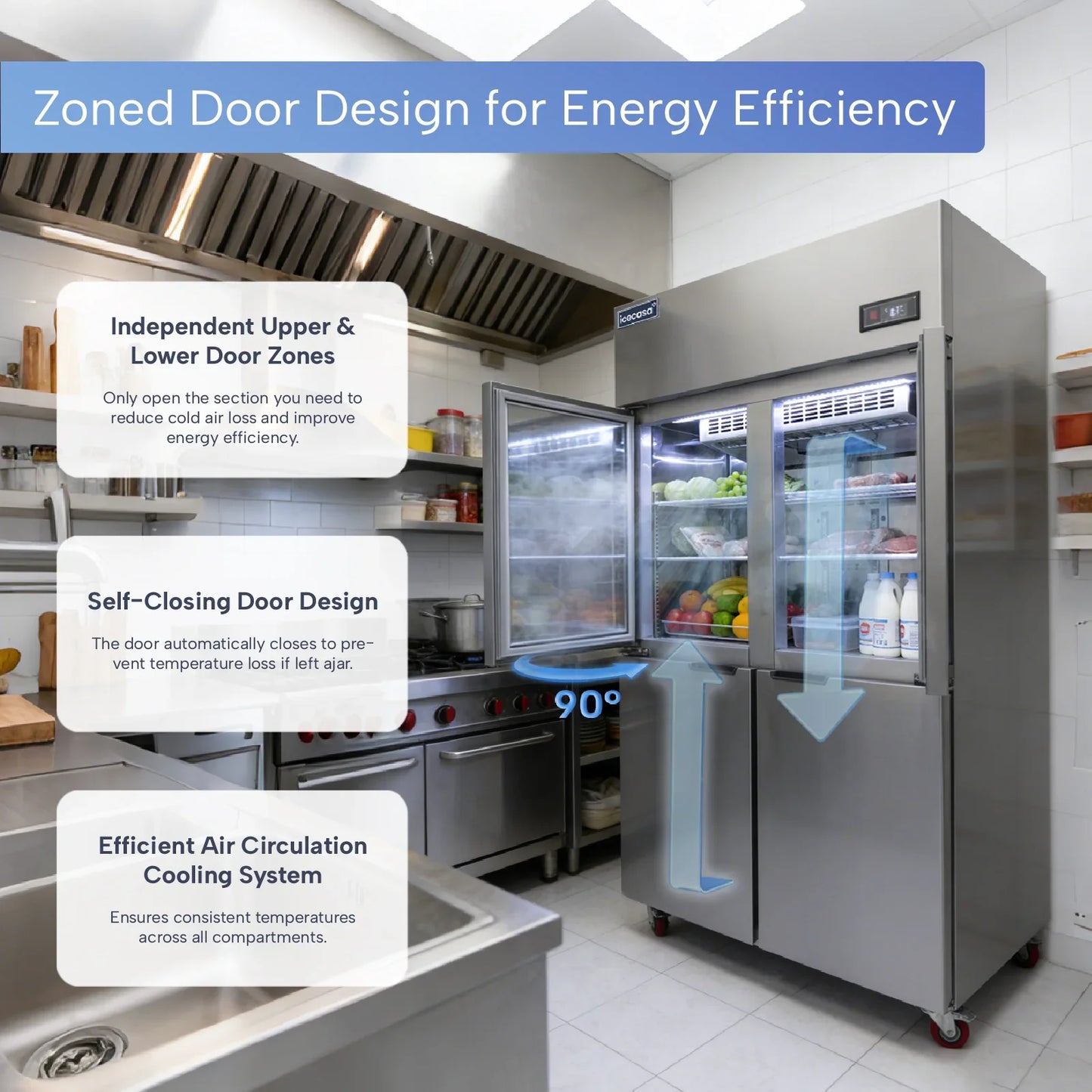 ICECASA 48 Inch Commercial Reach-In Refrigerator, 4 Split Doors, Stainless Steel Upright Cooler