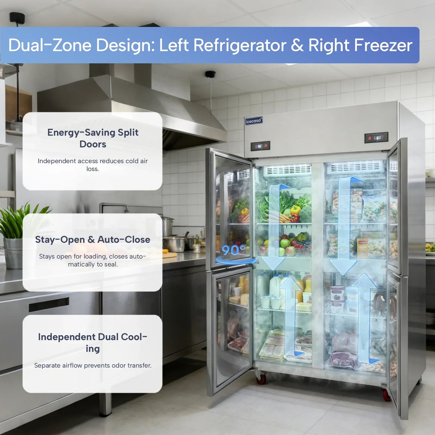 ICECASA 48 Inch Commercial Reach-In Refrigerators and Freezer Combo, 4 Split Doors, Stainless Steel Upright Fridge Freezer