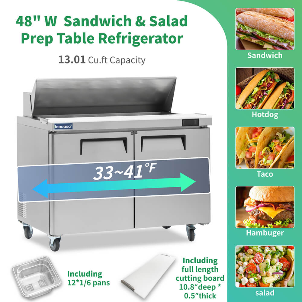 ICECASA 48" Stainless Steel Sandwich Prep Table Refrigerator