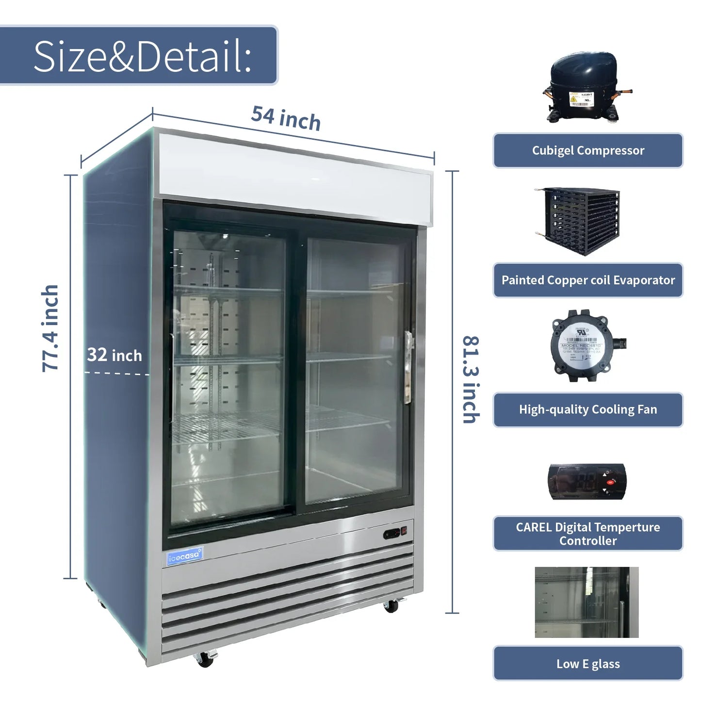 ICECASA 54-Inch Commercial Sliding Glass Door Display Refrigerator - Double Door Reach-in Merchandiser