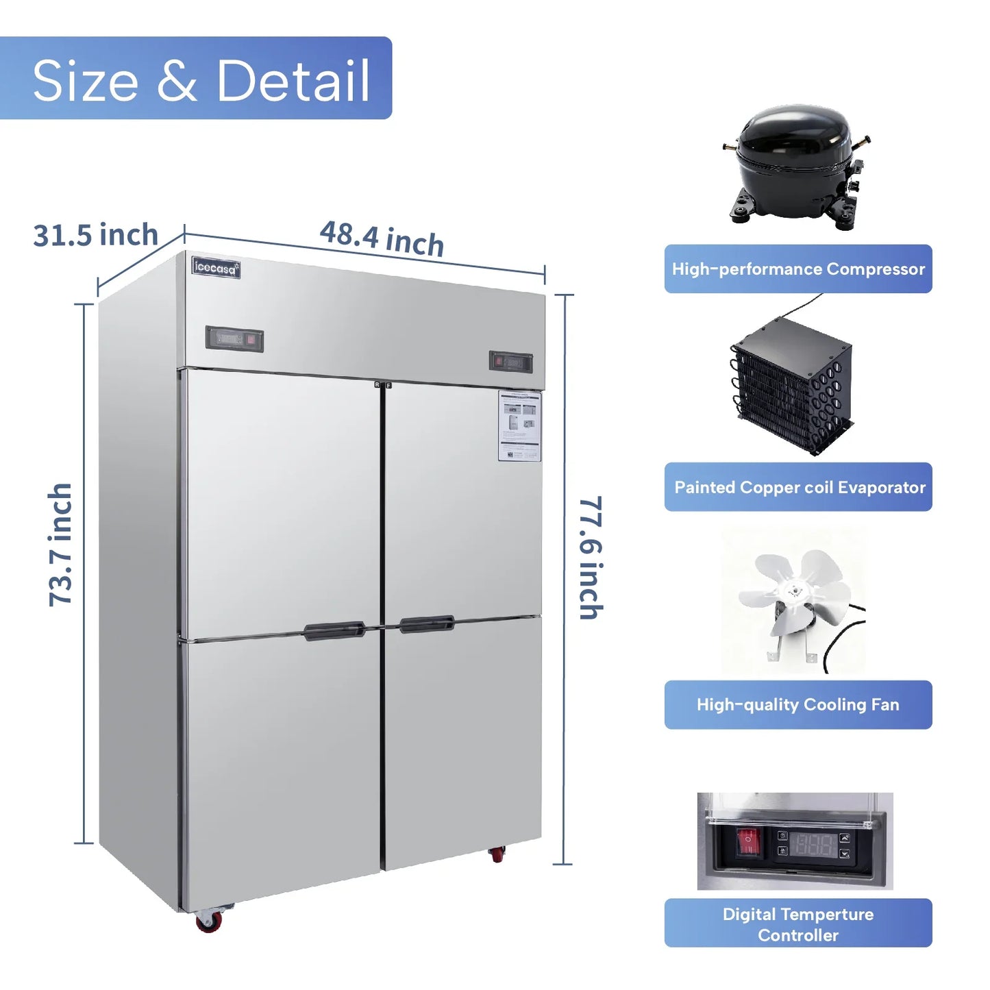 ICECASA 48 Inch Commercial Reach-In Refrigerators and Freezer Combo, 4 Split Doors, Stainless Steel Upright Fridge Freezer