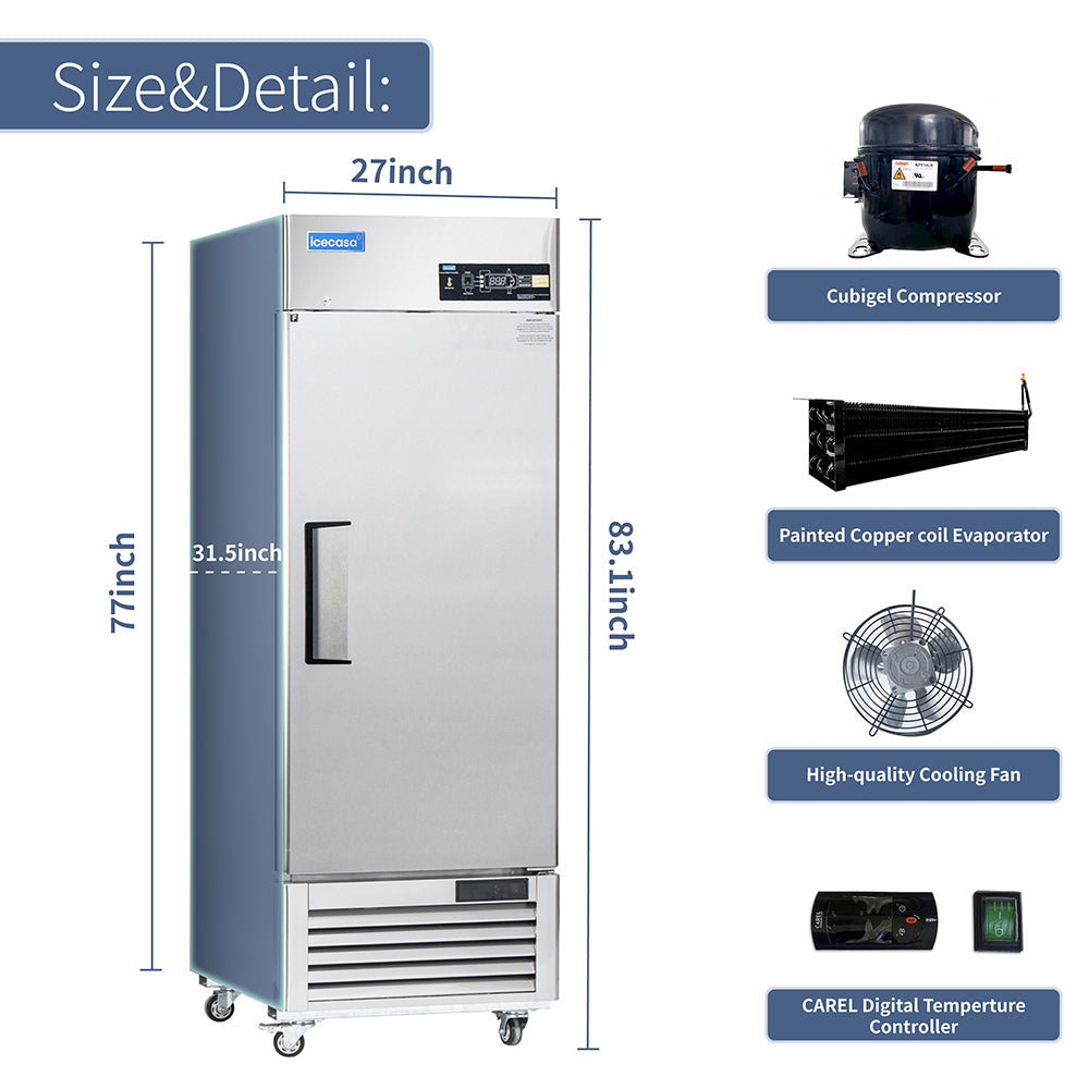 ICECASA 27" Freezer For Commercial, Industrial 1 Door Reach-In Commercial Stand Up Freezer