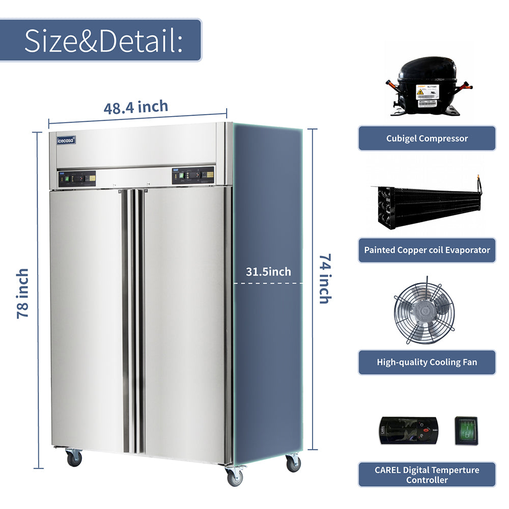 ICECASA 2 Door Commercial Fridge With Freezer, 48" Reach-In Industrial Freezer And Refrigerator