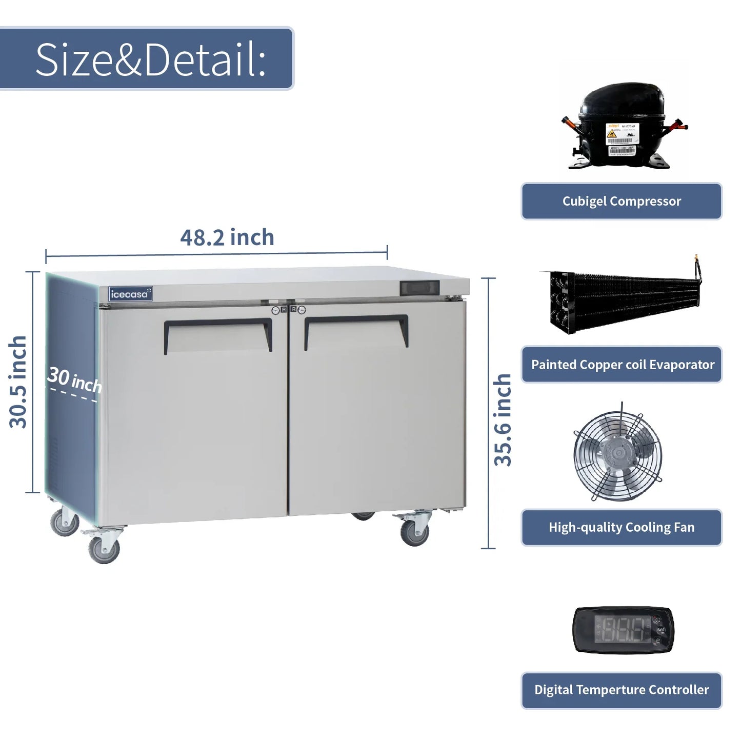 Commercial Undercounter Refrigerator, ICECASA 48 Inch 2 Door Under Counter Lowboy Fridge Worktop Cooler