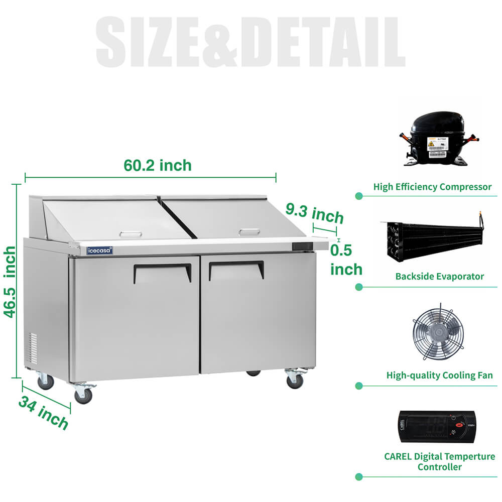 ICECASA 60" Stainless Steel Mega Top Sandwich Prep Table Refrigerator