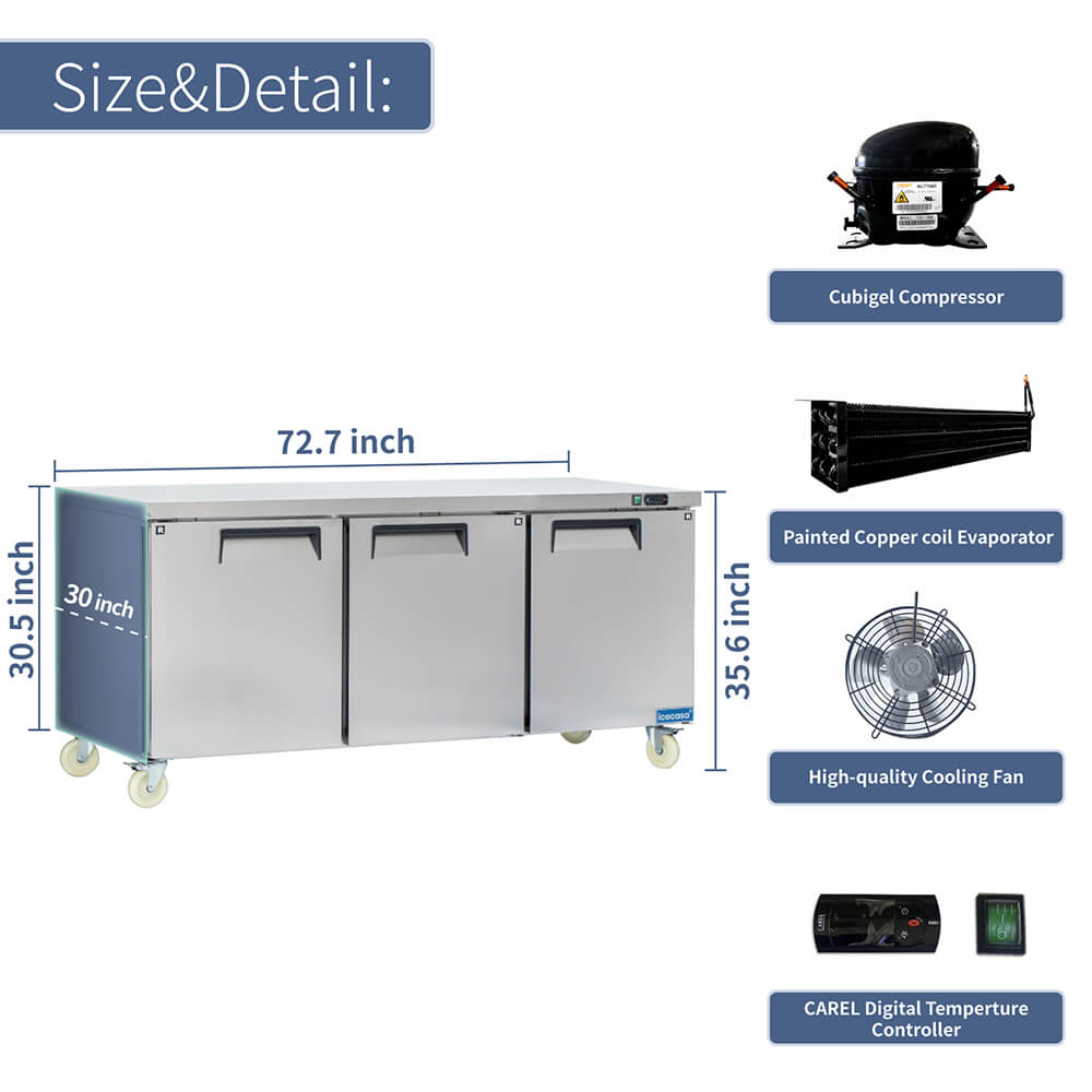 ICECASA 72" Stainless Steel Commercial Undercounter Fridge