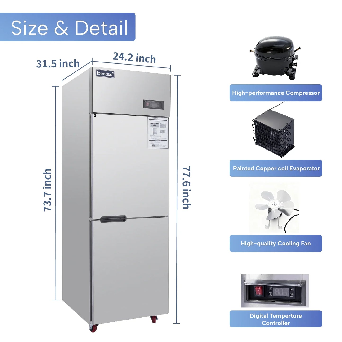 ICECASA 24 Inch Commercial Reach-In Refrigerator, 2 Split Doors, Stainless Steel Upright Cooler