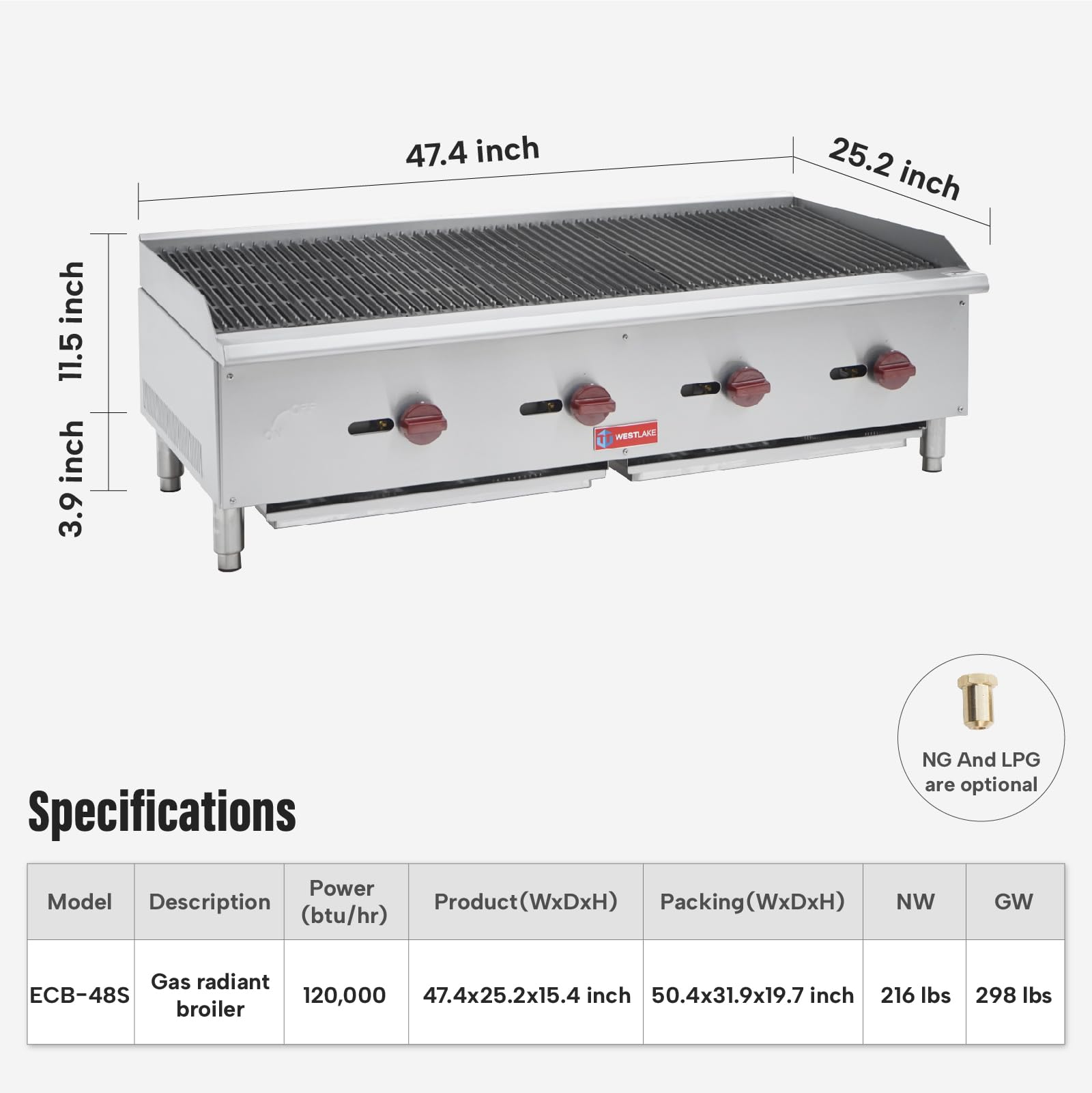 Commercial Charbroiler, WESTLAKE 48" Gas Countertop Radiant Charbroiler 4 Burner Char Broiler - 120,000 BTU
