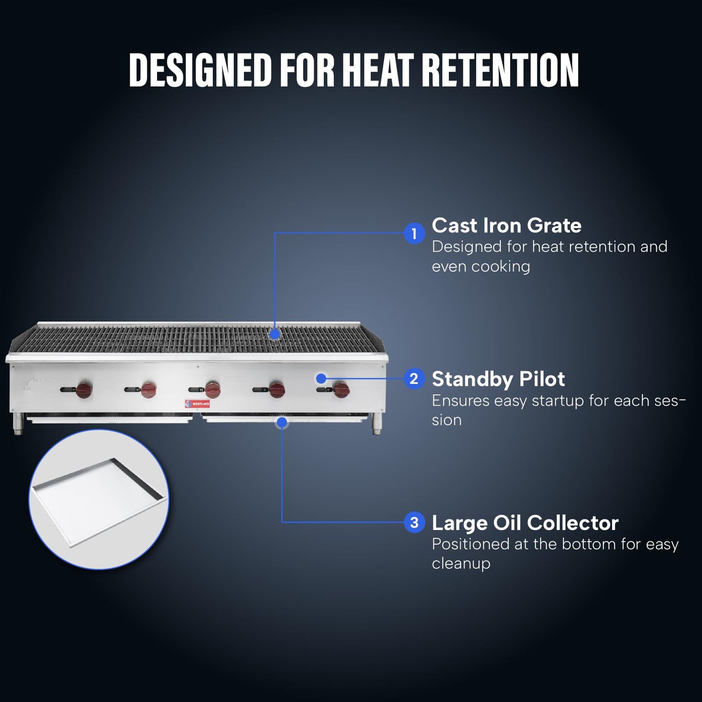 Commercial Charbroiler, WESTLAKE 60" Gas Countertop Radiant Charbroiler 5 Burner Char Broiler - 150,000 BTU